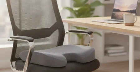 Farokcsont-kivágásos memóriahab ülőpárna egy ergonomikus irodai szék ülésén, íróasztal mellett