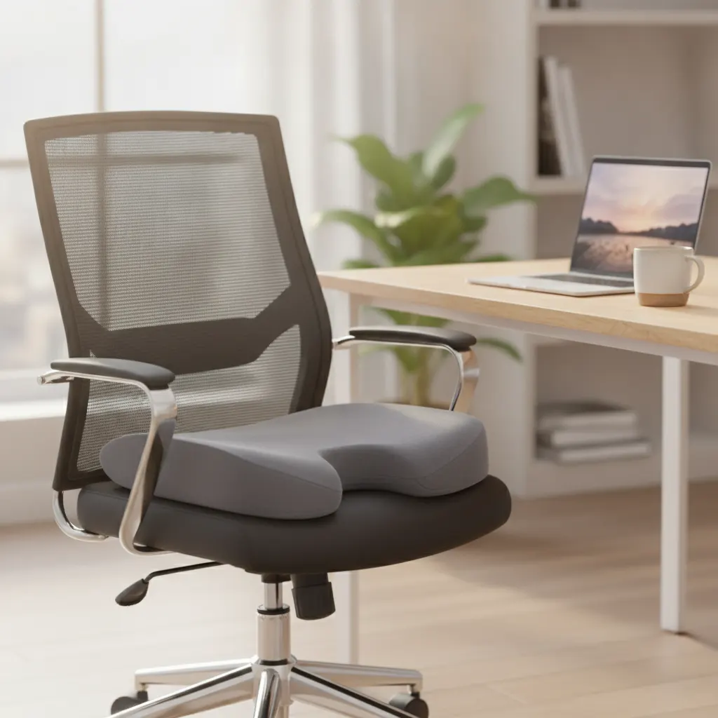 Farokcsont-kivágásos memóriahab ülőpárna egy ergonomikus irodai szék ülésén, íróasztal mellett