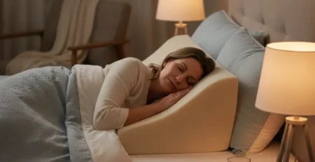 Nő alszik a bal oldalán egy ékpárnán, megemelt felsőtesttel, nyugodt esti hálószobában.