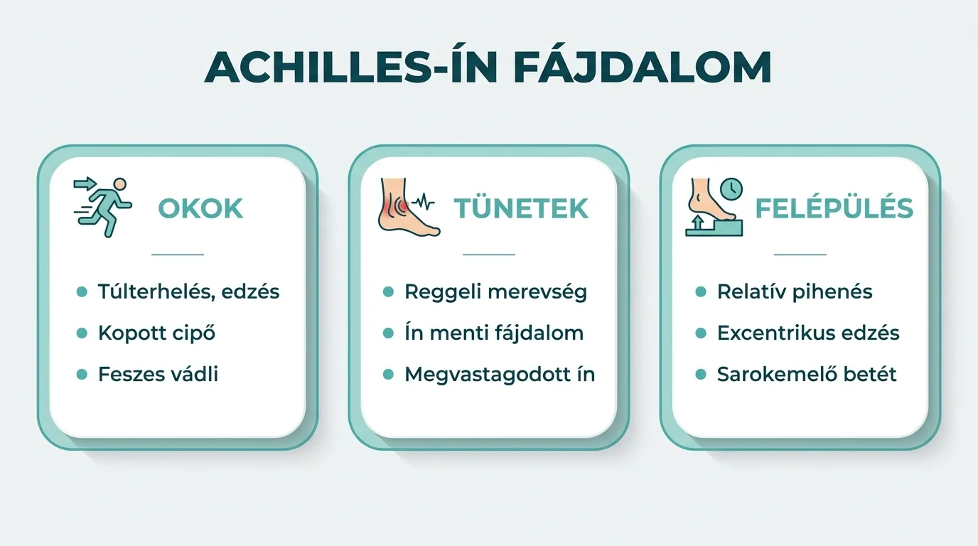Infografika az Achilles-ín fájdalom okairól, tüneteiről és a felépülés lépéseiről.