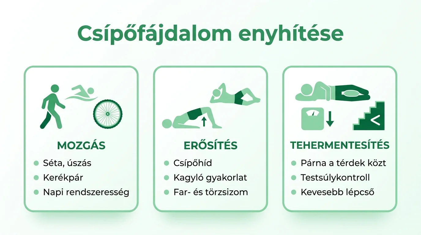 Infografika a csípőfájdalom enyhítésének három módjáról: mozgás, izomerősítés és a csípő tehermentesítése.