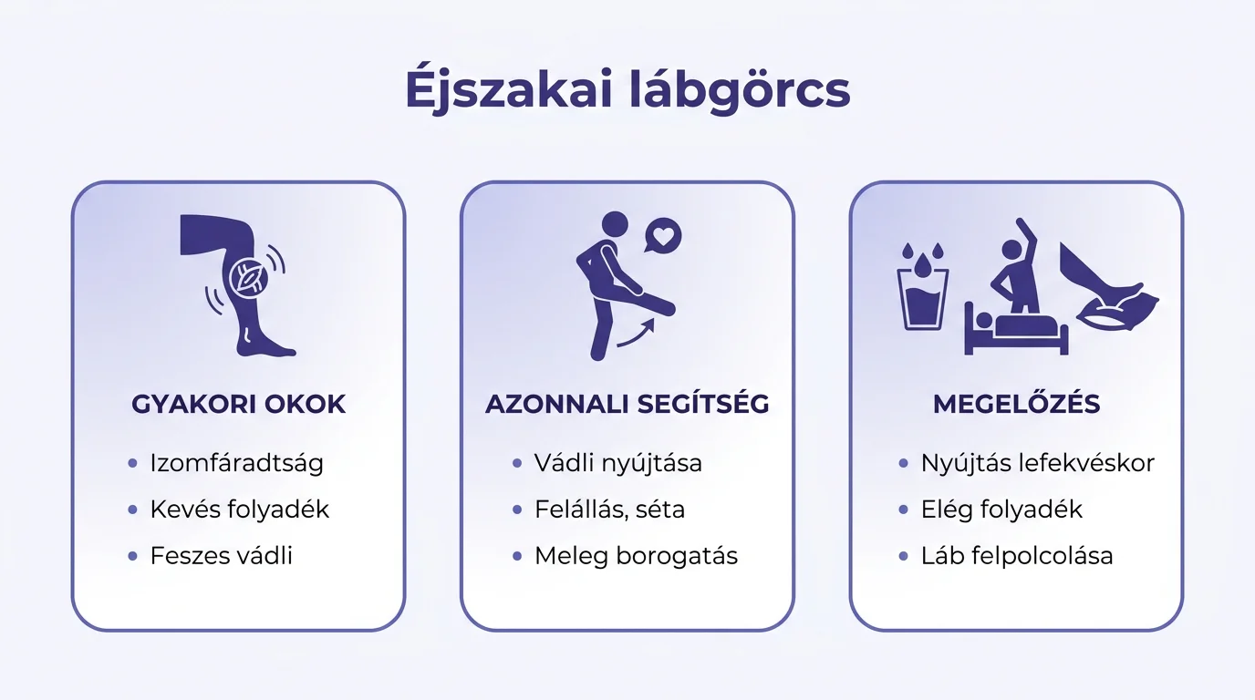 Infografika az éjszakai lábgörcs gyakori okairól, azonnali teendőiről és megelőzéséről.
