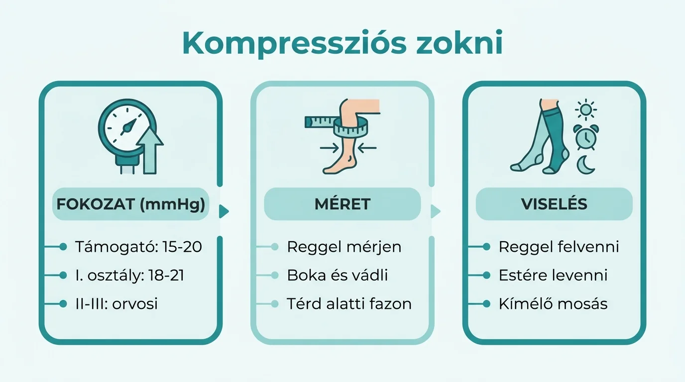 Infografika a kompressziós zokni fokozatairól, méretválasztásáról és helyes viseléséről.