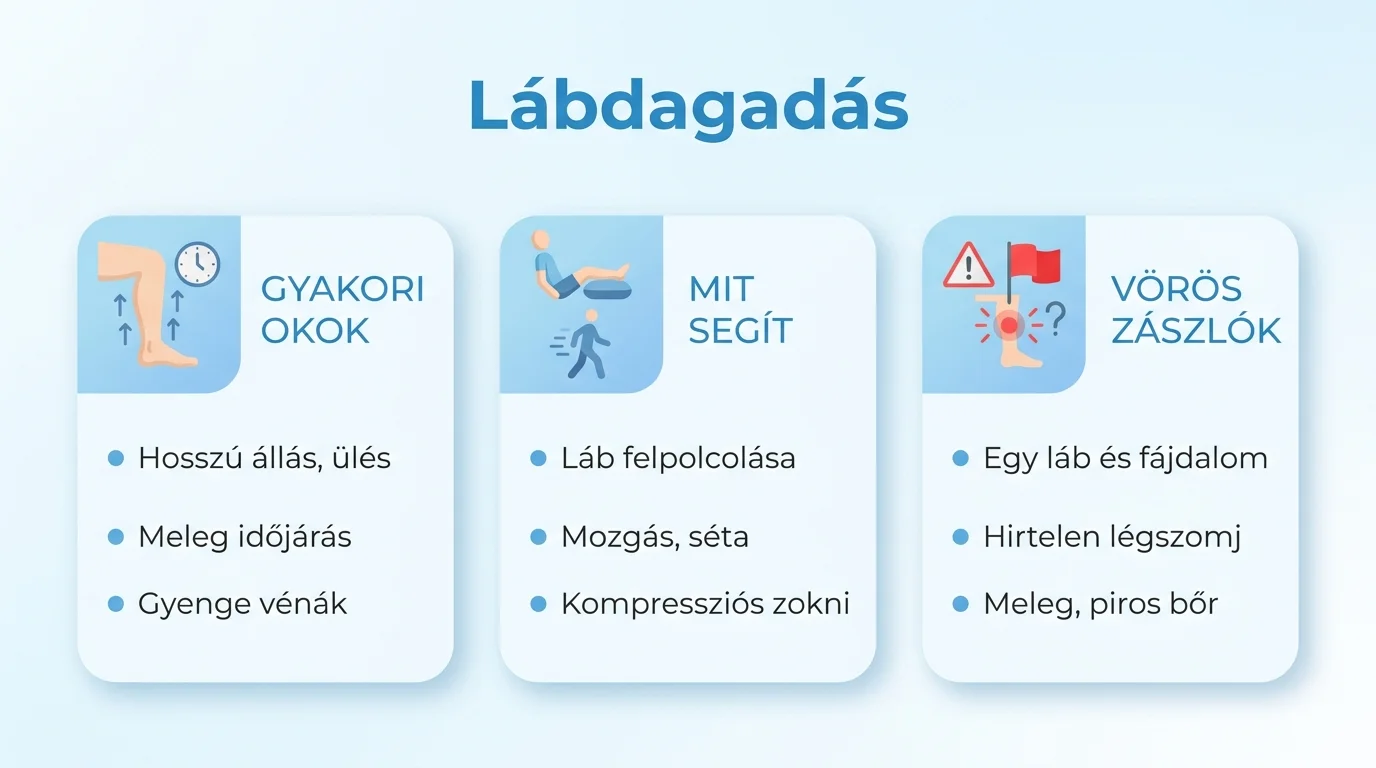 Infografika a lábdagadás gyakori okairól, otthoni enyhítéséről és a veszélyes figyelmeztető jelekről.