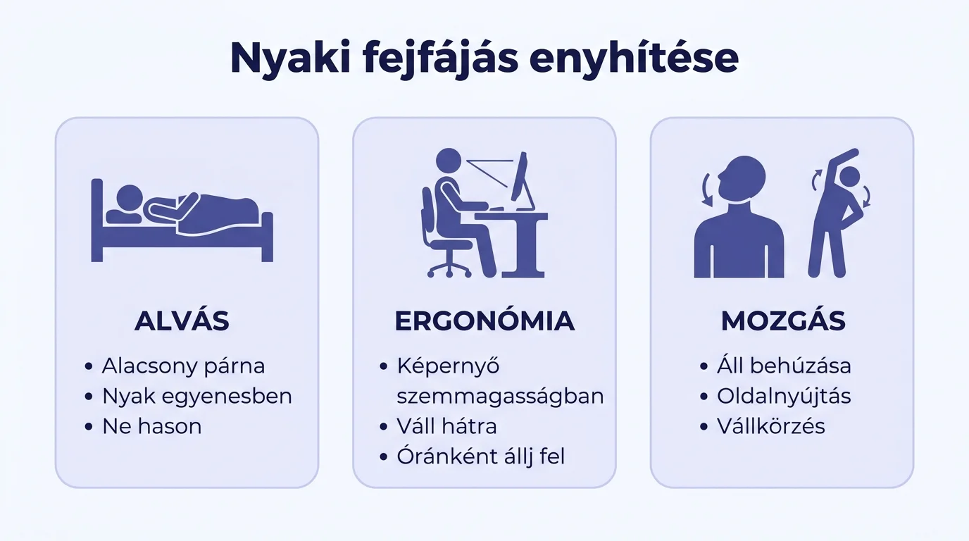 Infografika a nyaki eredetű fejfájás enyhítéséről három lépésben: alvás, ergonómia és mozgás.