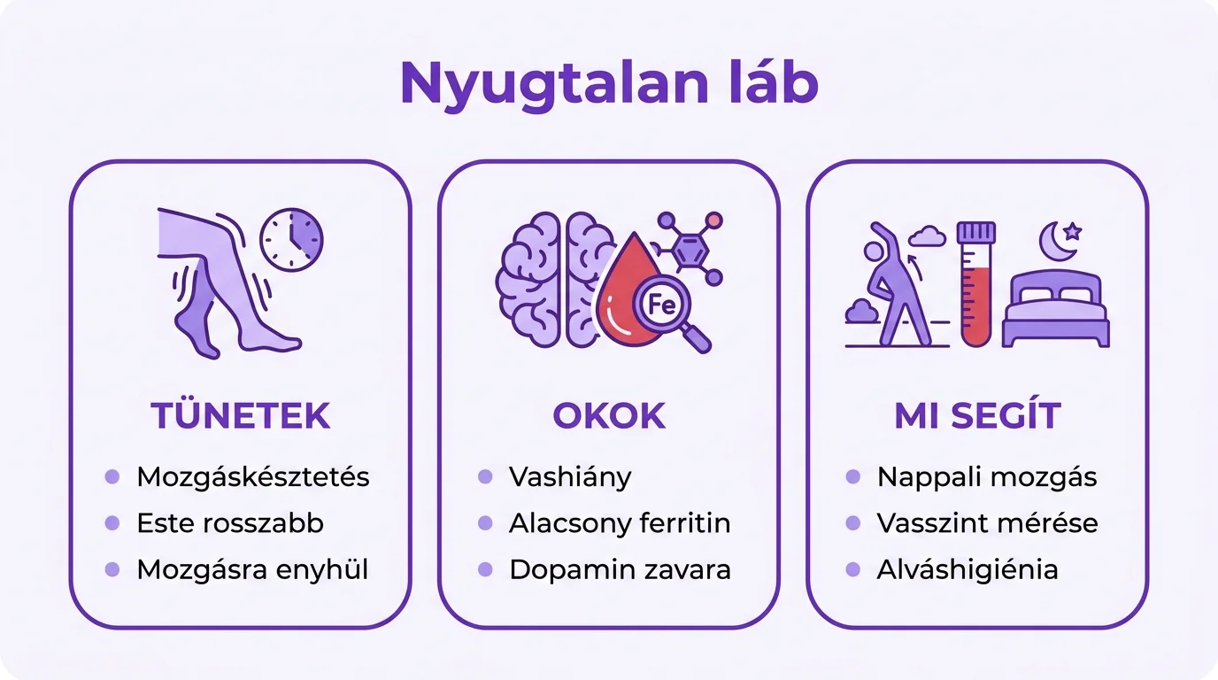 Áttekintő infografika a nyugtalan láb szindróma tüneteiről, okairól és enyhítéséről.