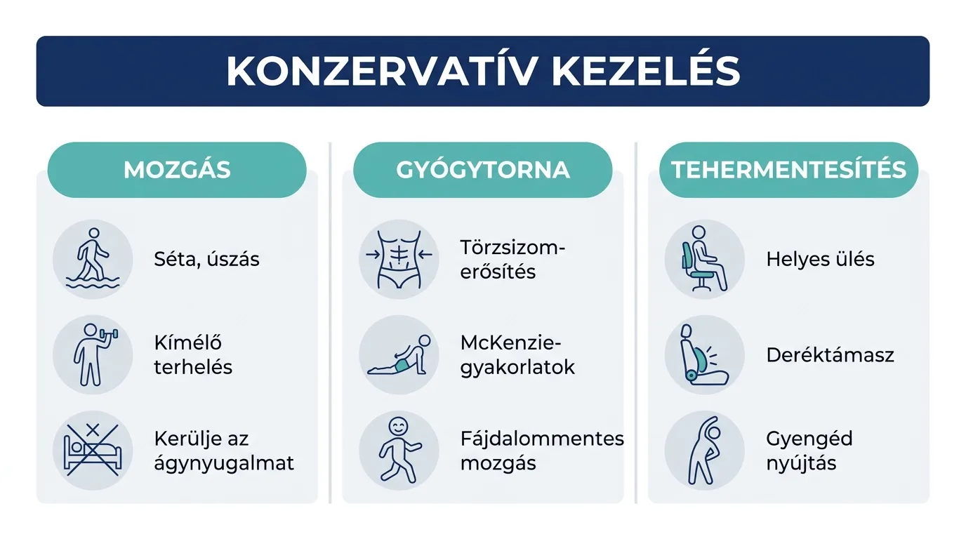 Infografika a porckorongsérv konzervatív kezeléséről: mozgás, gyógytorna és tehermentesítés három oszlopban.