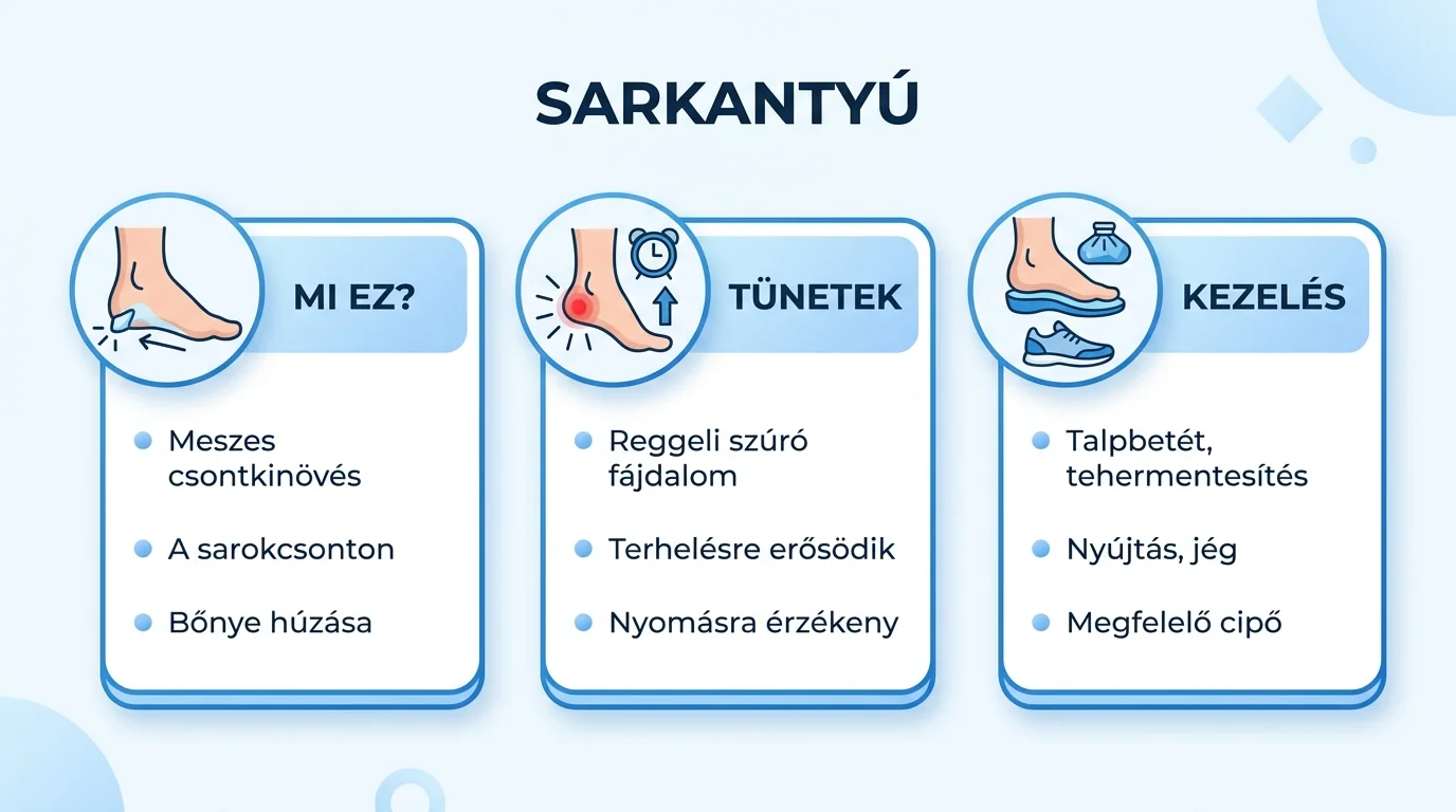 Infografika a sarkantyú tüneteiről, okairól és konzervatív kezeléséről három oszlopban.
