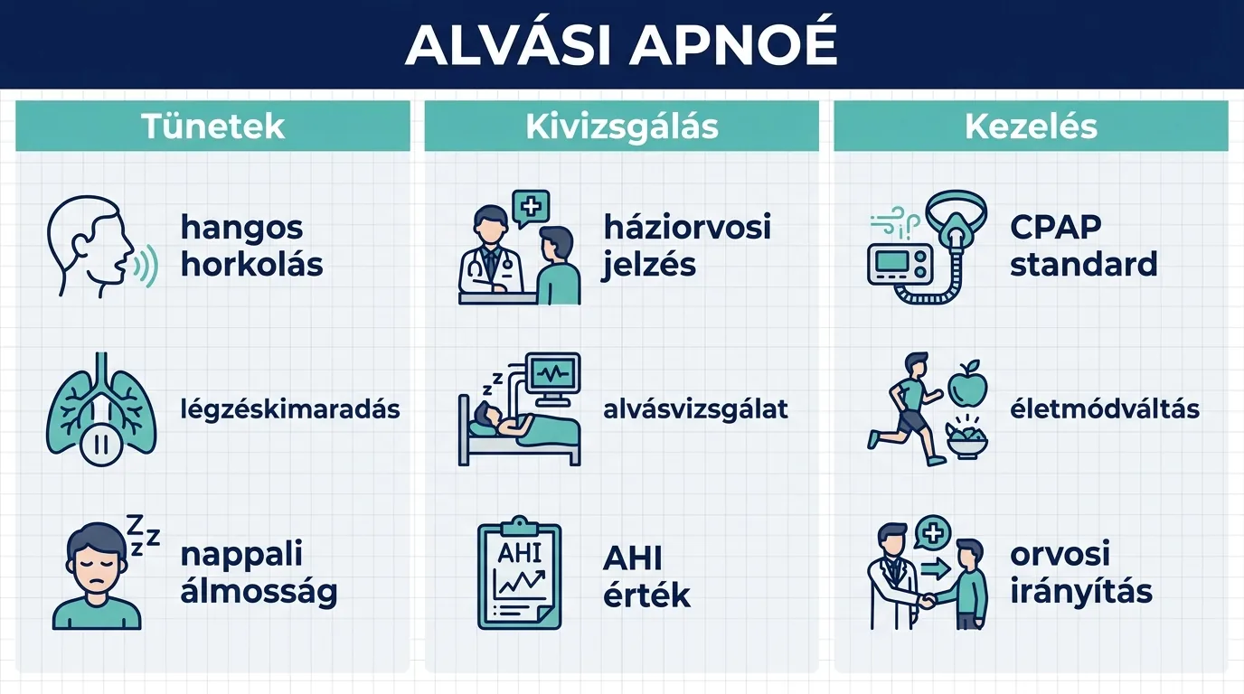 Infografika az alvási apnoé tüneteiről, kivizsgálásáról és kezeléséről