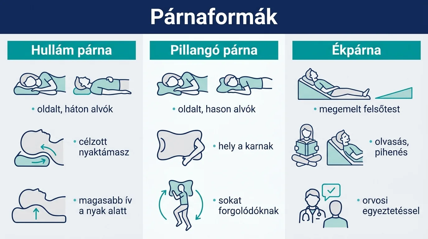 Infografika az anatómiai párna formáiról és az alvási pozíciókról