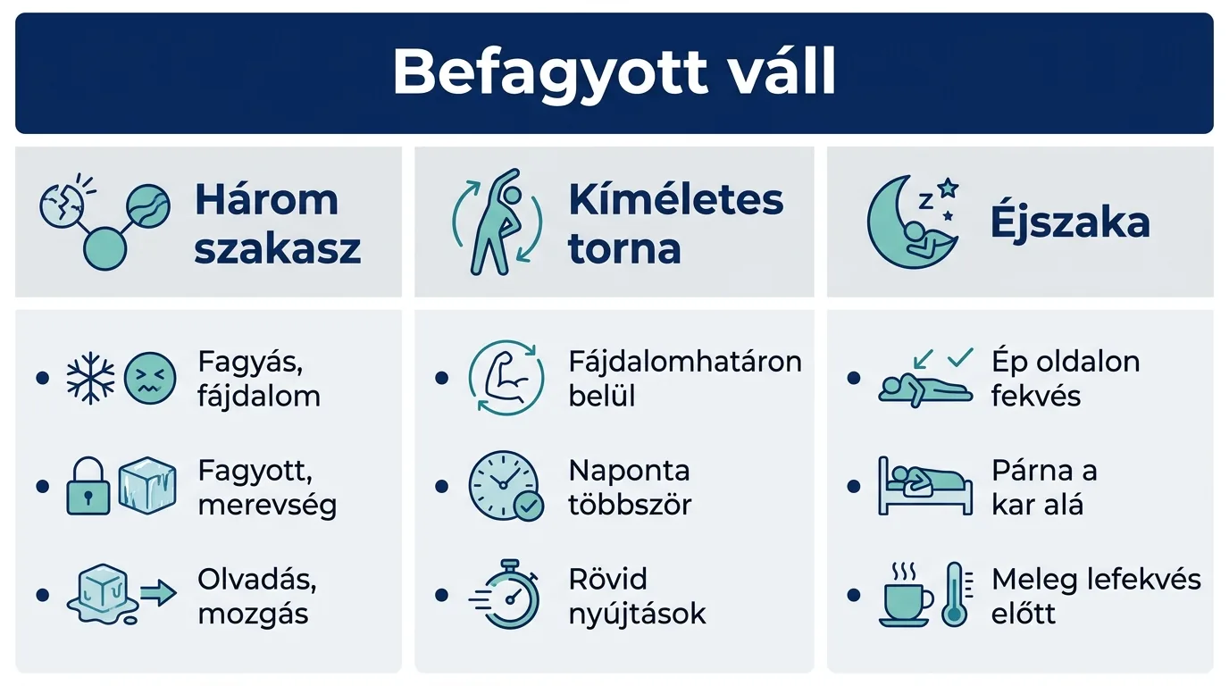 Infografika a befagyott váll szakaszairól, tornájáról és alvási tippekről