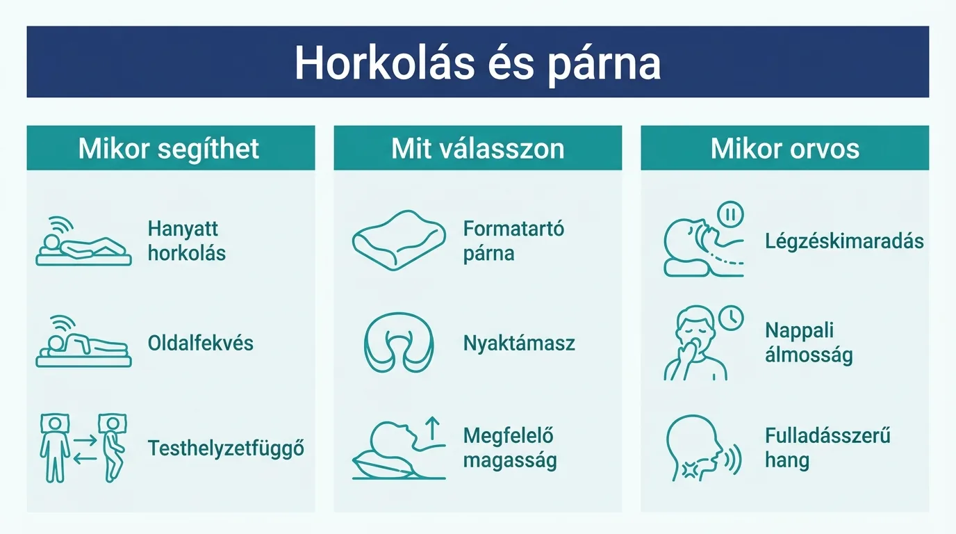 Infografika a horkolás elleni párna működéséről és az orvosi jelekről