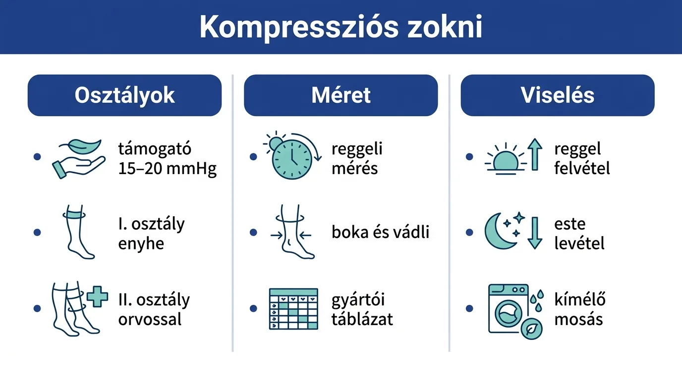 Infografika a kompressziós zokni osztályairól, méretéről és viseléséről
