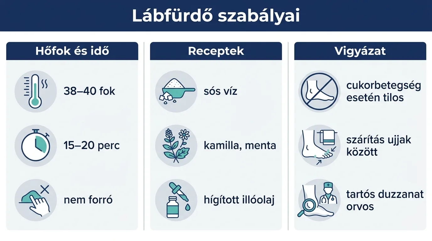 Infografika a lábfürdő hőfokáról, receptjeiről és szabályairól