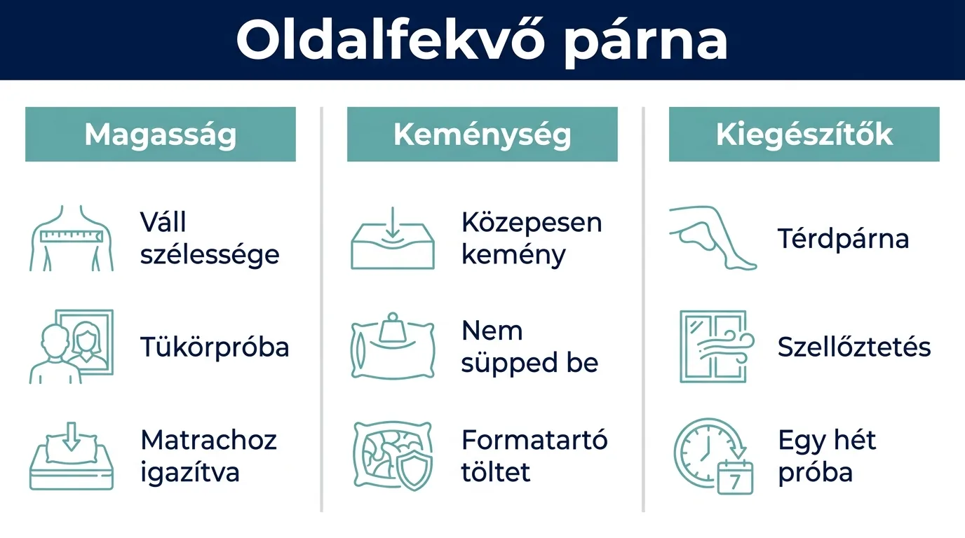Infografika az oldalt alvók párnaválasztásáról: magasság, keménység, kiegészítők