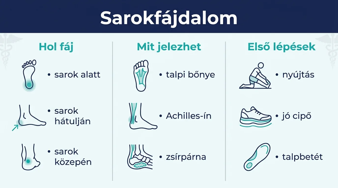 Infografika a sarokfájdalom helyéről, lehetséges okairól és első teendőiről