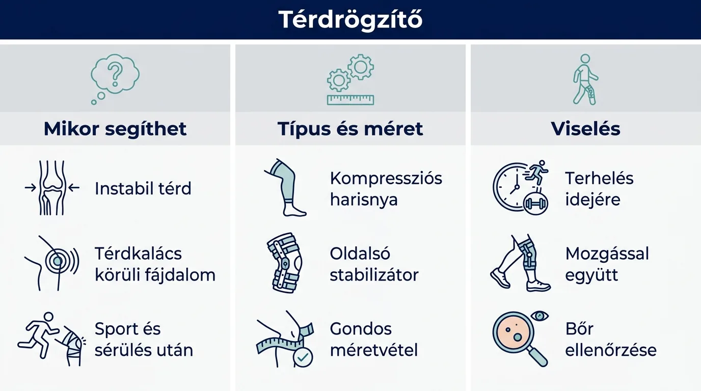 Infografika a térdrögzítő típusairól, méretválasztásról és viseléséről