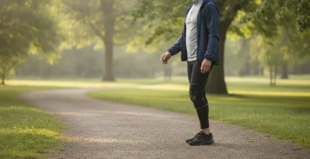 Térdrögzítőt viselő felnőtt sétál egy parkban