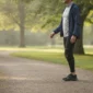 Térdrögzítőt viselő felnőtt sétál egy parkban